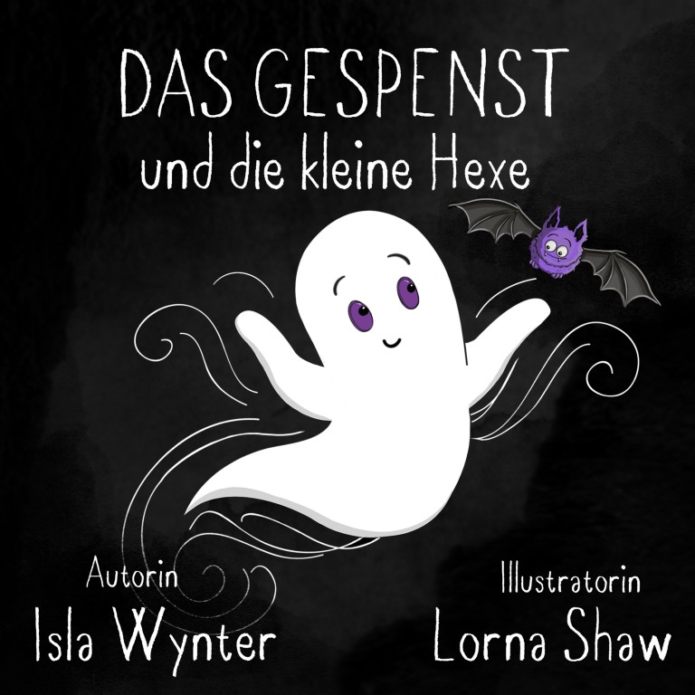 over zu »Das Gespenst und die kleine Hexe« von Isla Wynter: Gespenst und kleine Hexe mit Hut vor sternklarer Nacht