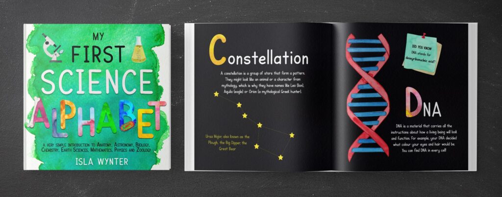 Illustration from My First Science Alphabet showing fun science concepts for children learning their ABCs.