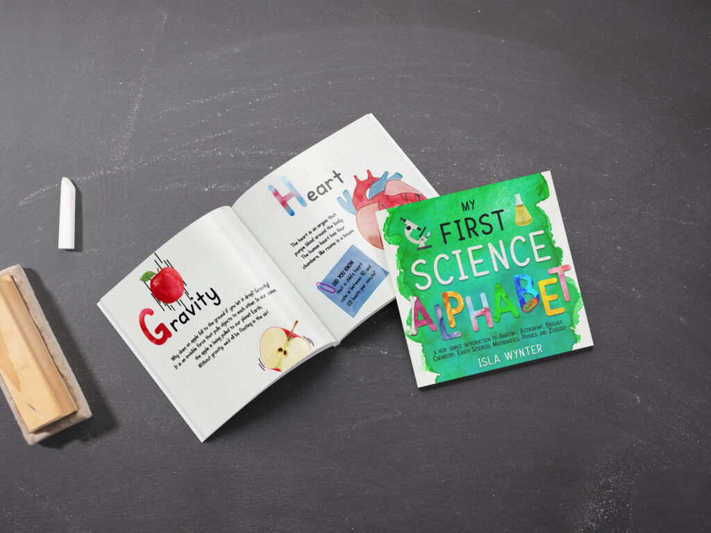 Illustration from My First Science Alphabet showing fun science concepts for children learning their ABCs.