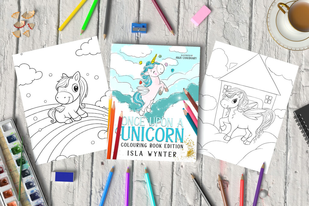 Book cover for Once Upon A Unicorn by Isla Wynter - a colouring picture book about discovering your identity and helping others